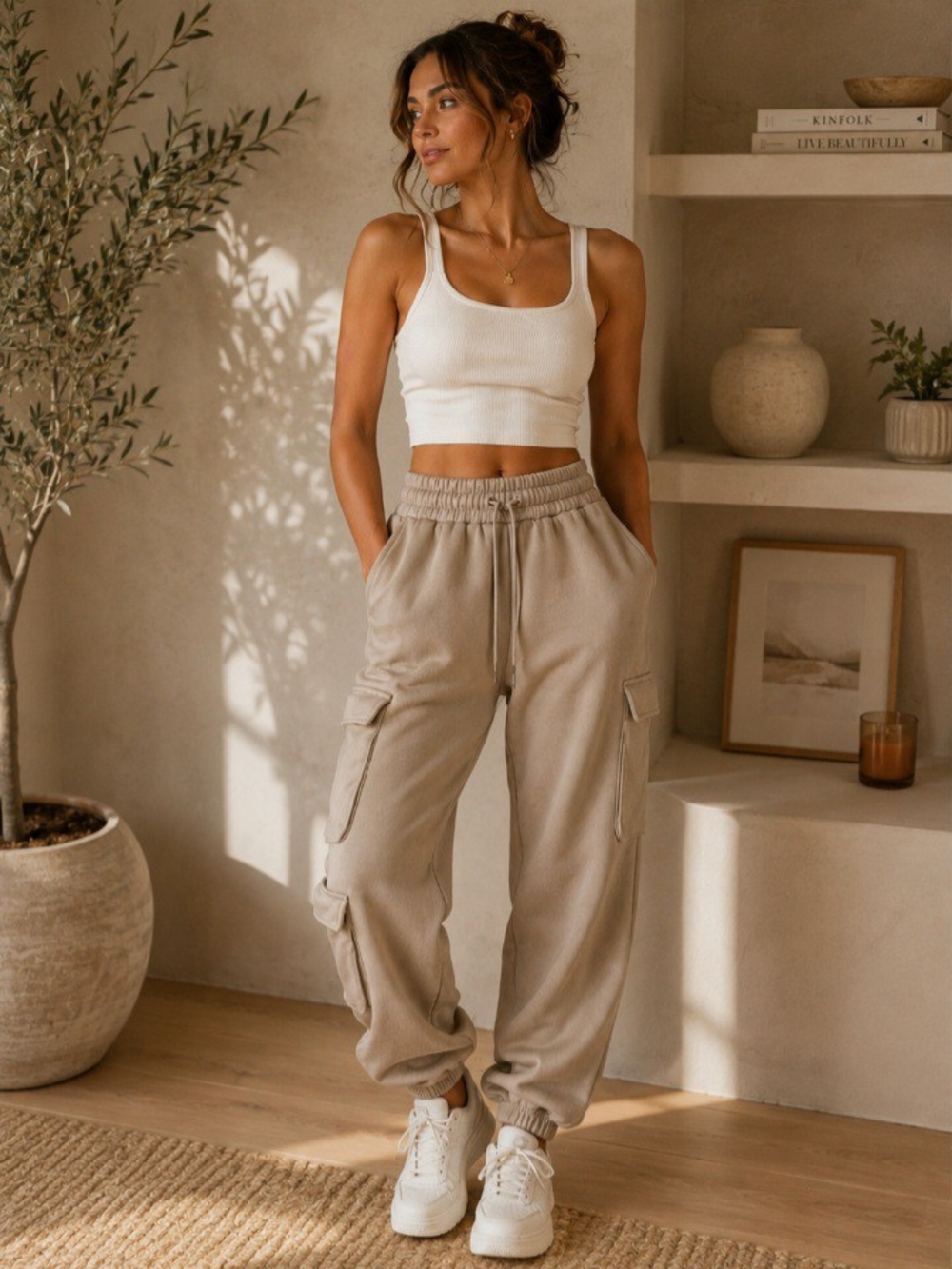 Light Brown Cargo Jogger Sweatpants | Cozy Athleisure Lounge Pants